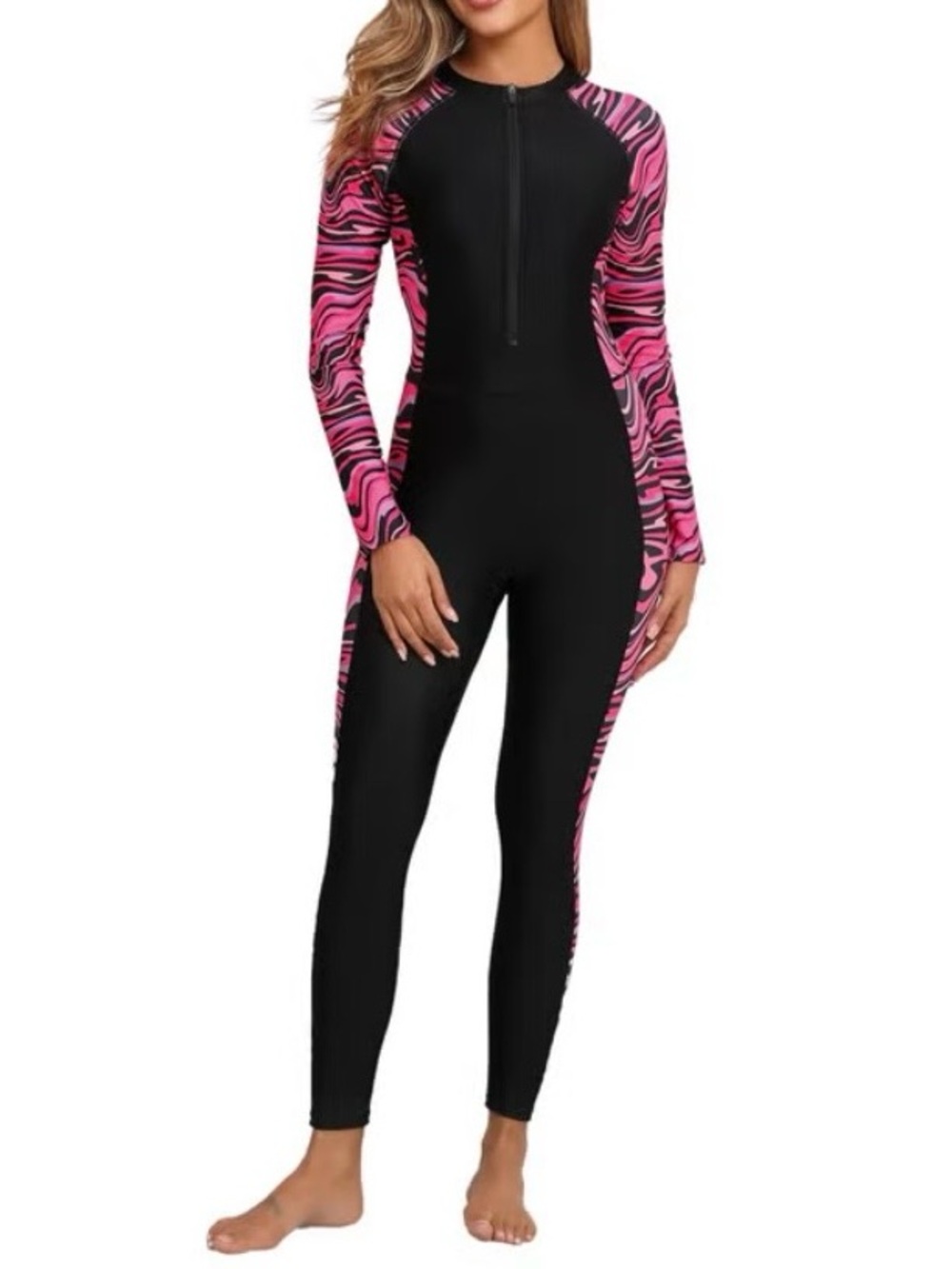 Alltoke Pink Zebra Sleeve Black Full-Body Swimsuit Built in Bra UPF50